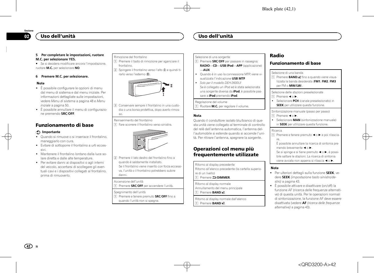 Funzionamento di base, Operazioni col menu più frequentemente utilizzate, Radio | Uso dell ’unità | Pioneer DEH-2600UI User Manual | Page 42 / 148