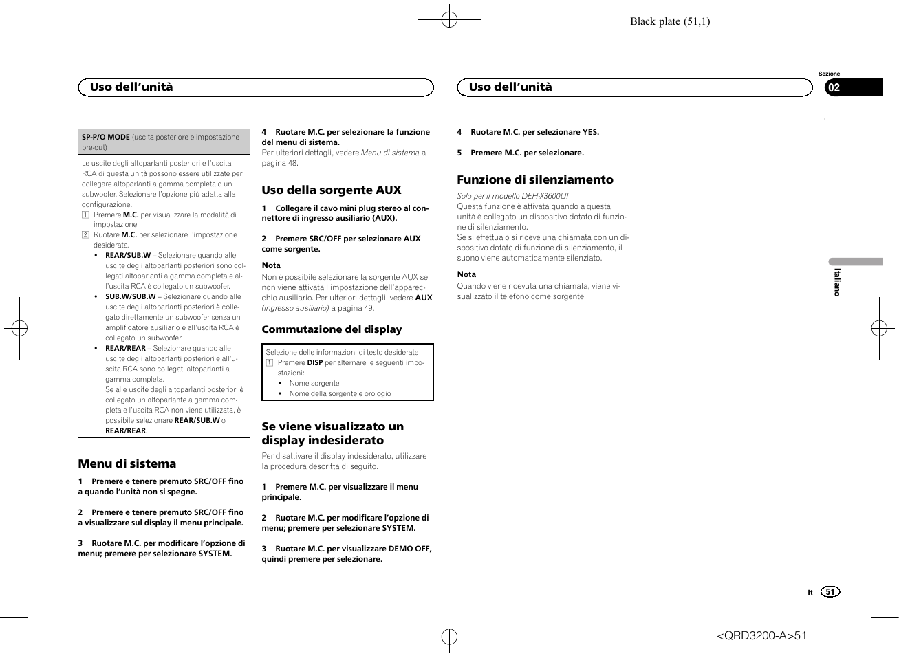 Sp-p/o mode (uscita posteriore e imposta, Menu di sistema, Uso della sorgente aux | Se viene visualizzato un display indesiderato, Funzione di silenziamento, Uso dell ’unità | Pioneer DEH-2600UI User Manual | Page 51 / 148