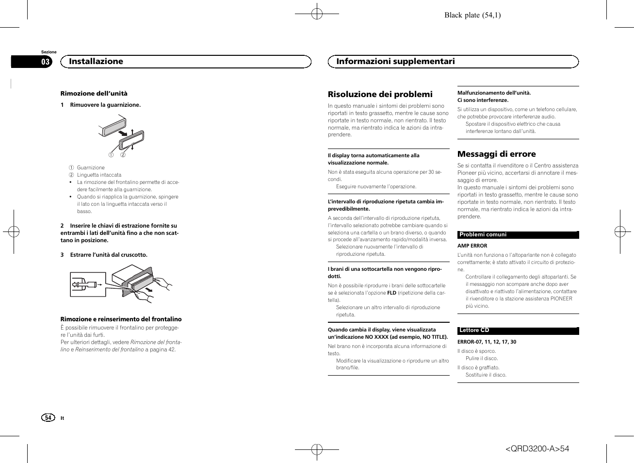 Risoluzione dei problemi, Messaggi di errore, Installazione | Informazioni supplementari | Pioneer DEH-2600UI User Manual | Page 54 / 148