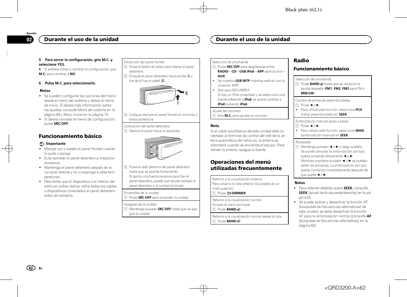 Funcionamiento básico, Operaciones del menú utilizadas frecuentemente, Radio | Durante el uso de la unidad | Pioneer DEH-2600UI User Manual | Page 62 / 148