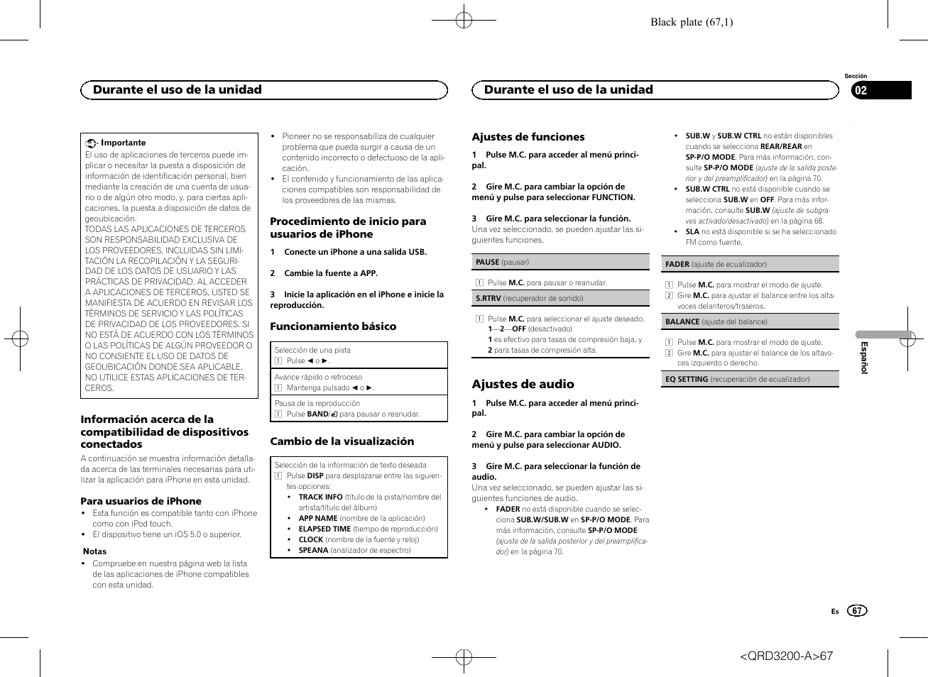 Ajustes de audio, Durante el uso de la unidad | Pioneer DEH-2600UI User Manual | Page 67 / 148
