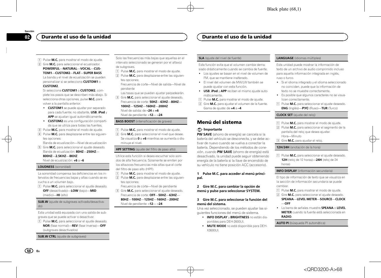 Sub.w (ajuste de subgra, Menú del sistema, Durante el uso de la unidad | Pioneer DEH-2600UI User Manual | Page 68 / 148