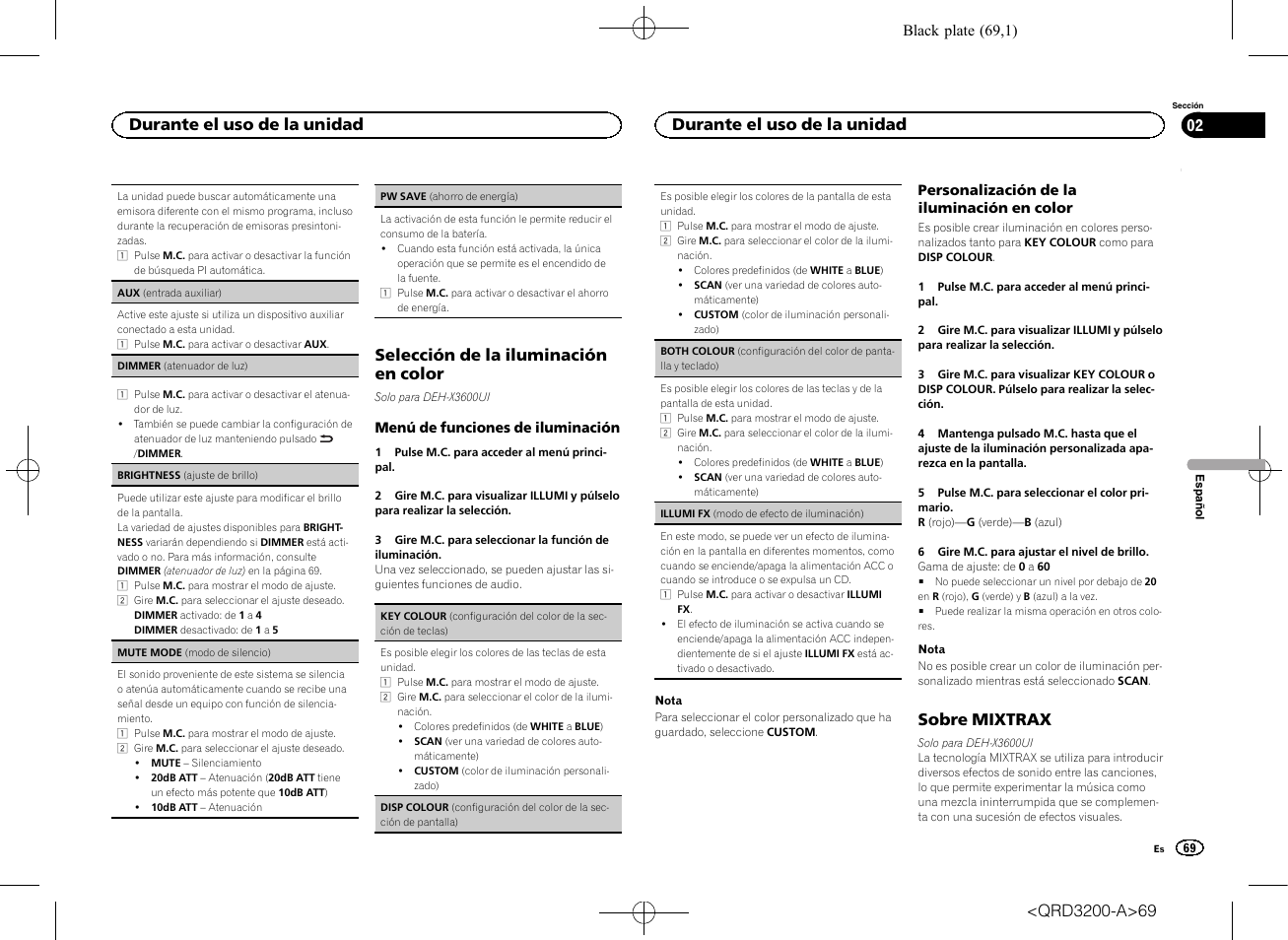 Selección de la iluminación en color, Sobre mixtrax, Durante el uso de la unidad | Pioneer DEH-2600UI User Manual | Page 69 / 148