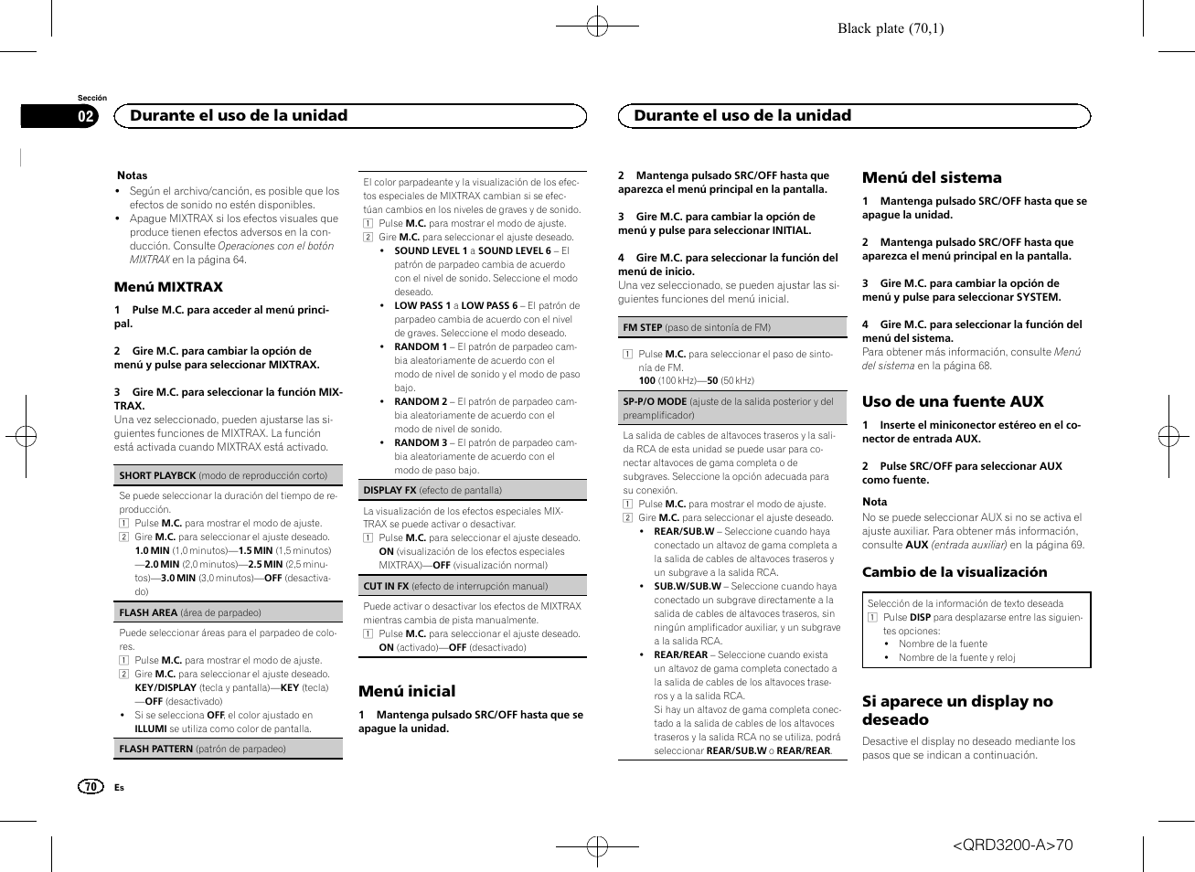 Sp-p/o mode, Sp-p/o mode (ajuste de la salida poste, Menú inicial | Menú del sistema, Uso de una fuente aux, Si aparece un display no deseado, Durante el uso de la unidad | Pioneer DEH-2600UI User Manual | Page 70 / 148