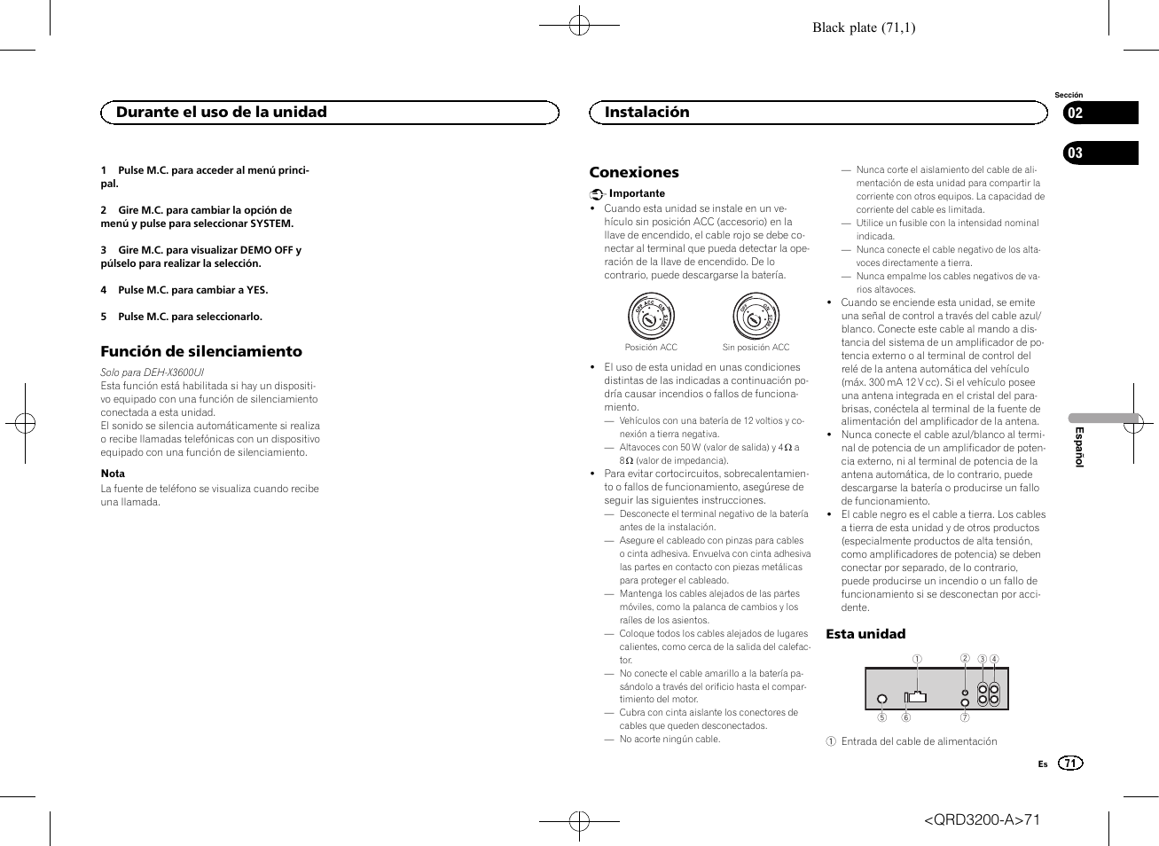 Función de silenciamiento, Conexiones, Durante el uso de la unidad | Instalación | Pioneer DEH-2600UI User Manual | Page 71 / 148