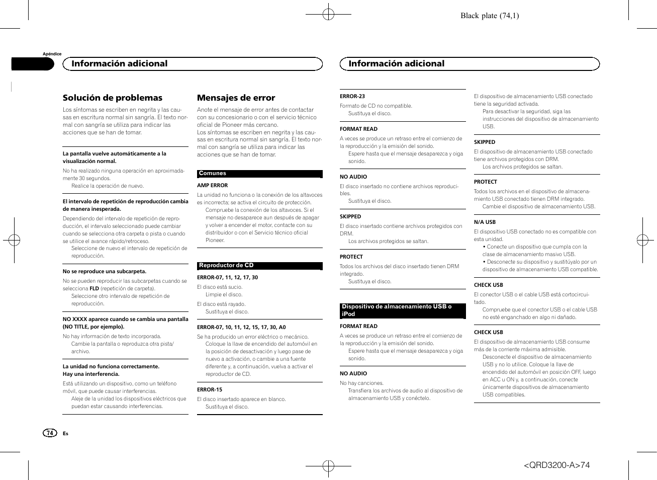 Solución de problemas, Mensajes de error, Información adicional | Pioneer DEH-2600UI User Manual | Page 74 / 148