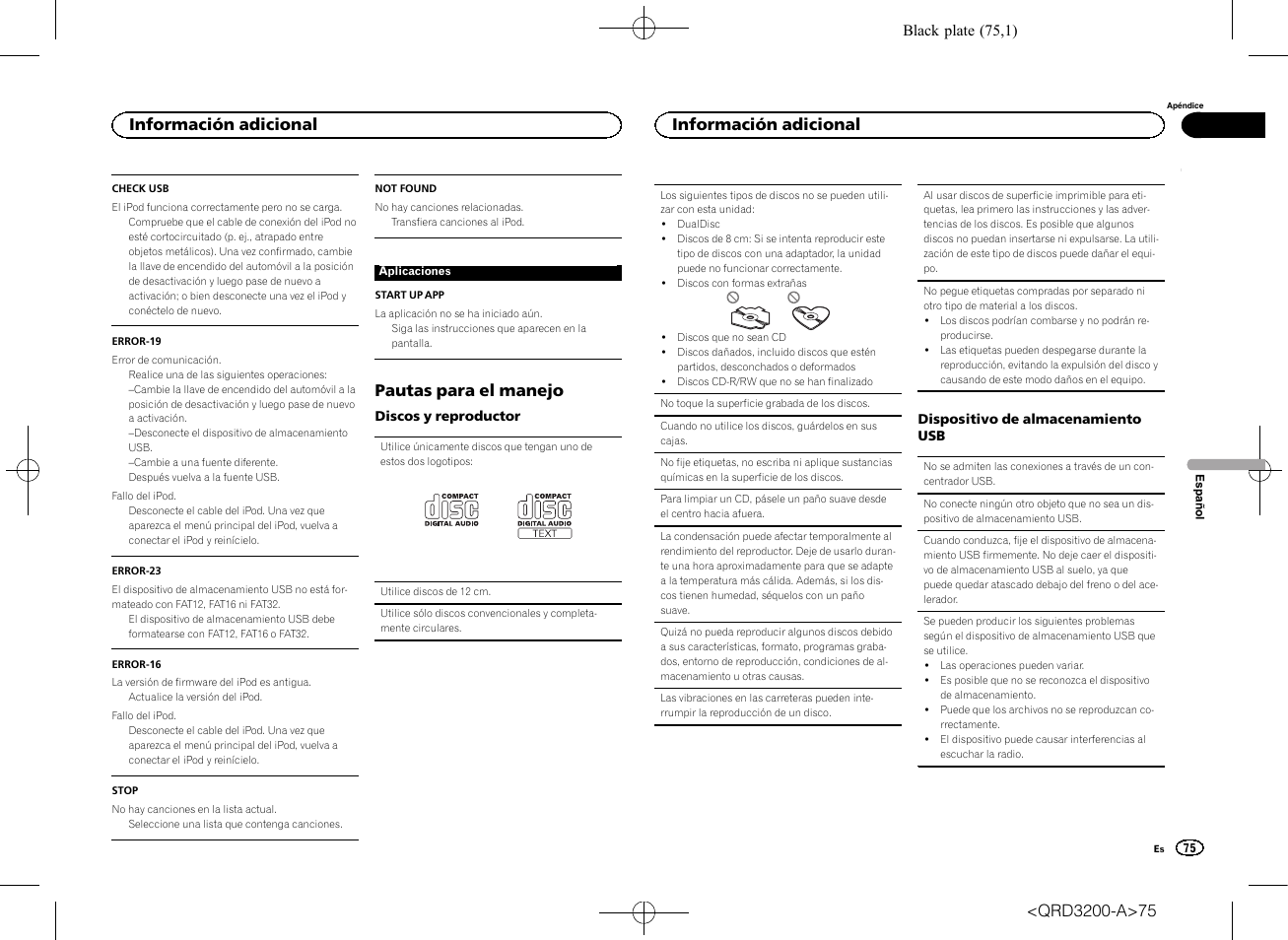Pautas para el manejo, Información adicional | Pioneer DEH-2600UI User Manual | Page 75 / 148