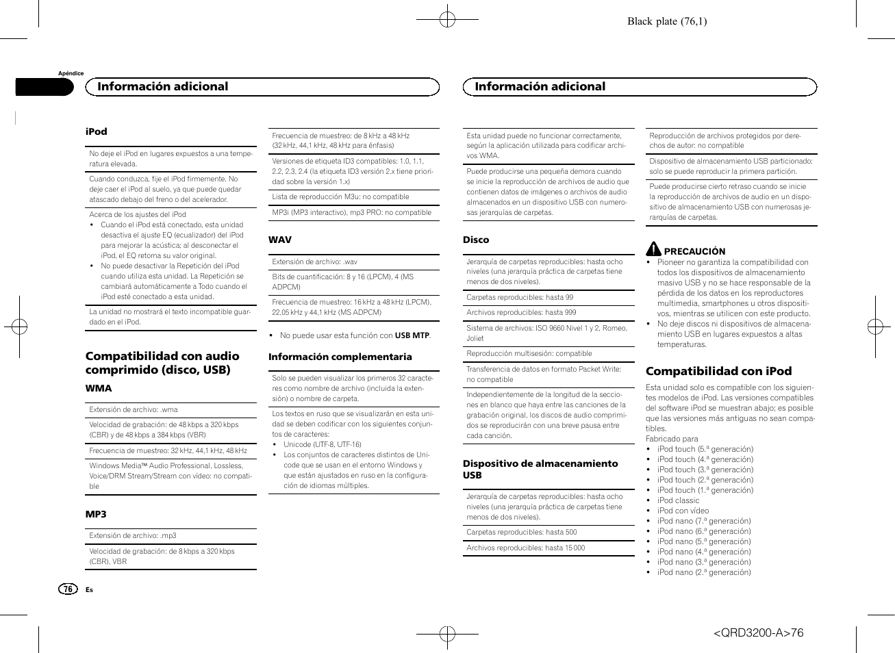 Compatibilidad con audio comprimido (disco, usb), Compatibilidad con ipod, Información adicional | Pioneer DEH-2600UI User Manual | Page 76 / 148