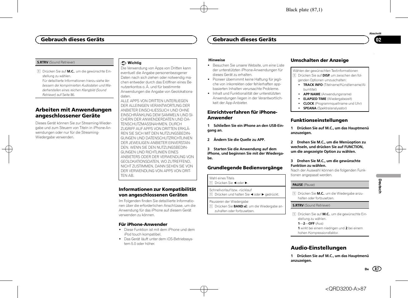 Arbeiten mit anwendungen angeschlossener geräte, Audio-einstellungen, Gebrauch dieses geräts | Pioneer DEH-2600UI User Manual | Page 87 / 148