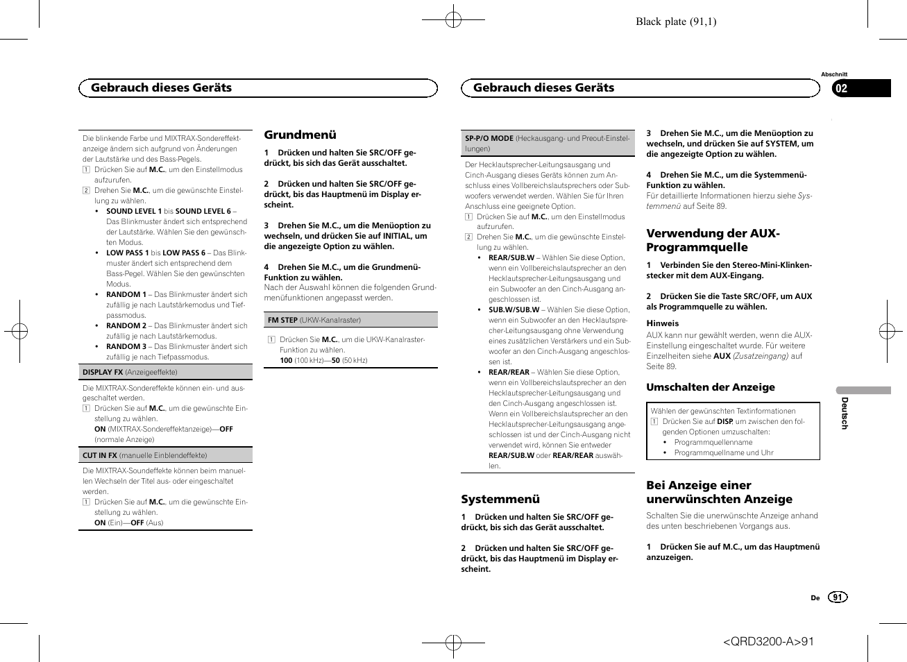 Grundmenü auf seite 91, Sp-p/o mode (heckausgang, Und preout-einstellungen) auf seite 91 | Sp-p/o mode (heckausgang- und, Preout-einstellungen) auf seite 91, Grundmenü, Systemmenü, Verwendung der aux- programmquelle, Bei anzeige einer unerwünschten anzeige, Gebrauch dieses geräts | Pioneer DEH-2600UI User Manual | Page 91 / 148