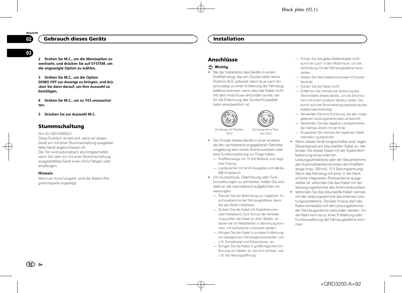 Stummschaltung, Anschlüsse, Gebrauch dieses geräts | Installation | Pioneer DEH-2600UI User Manual | Page 92 / 148