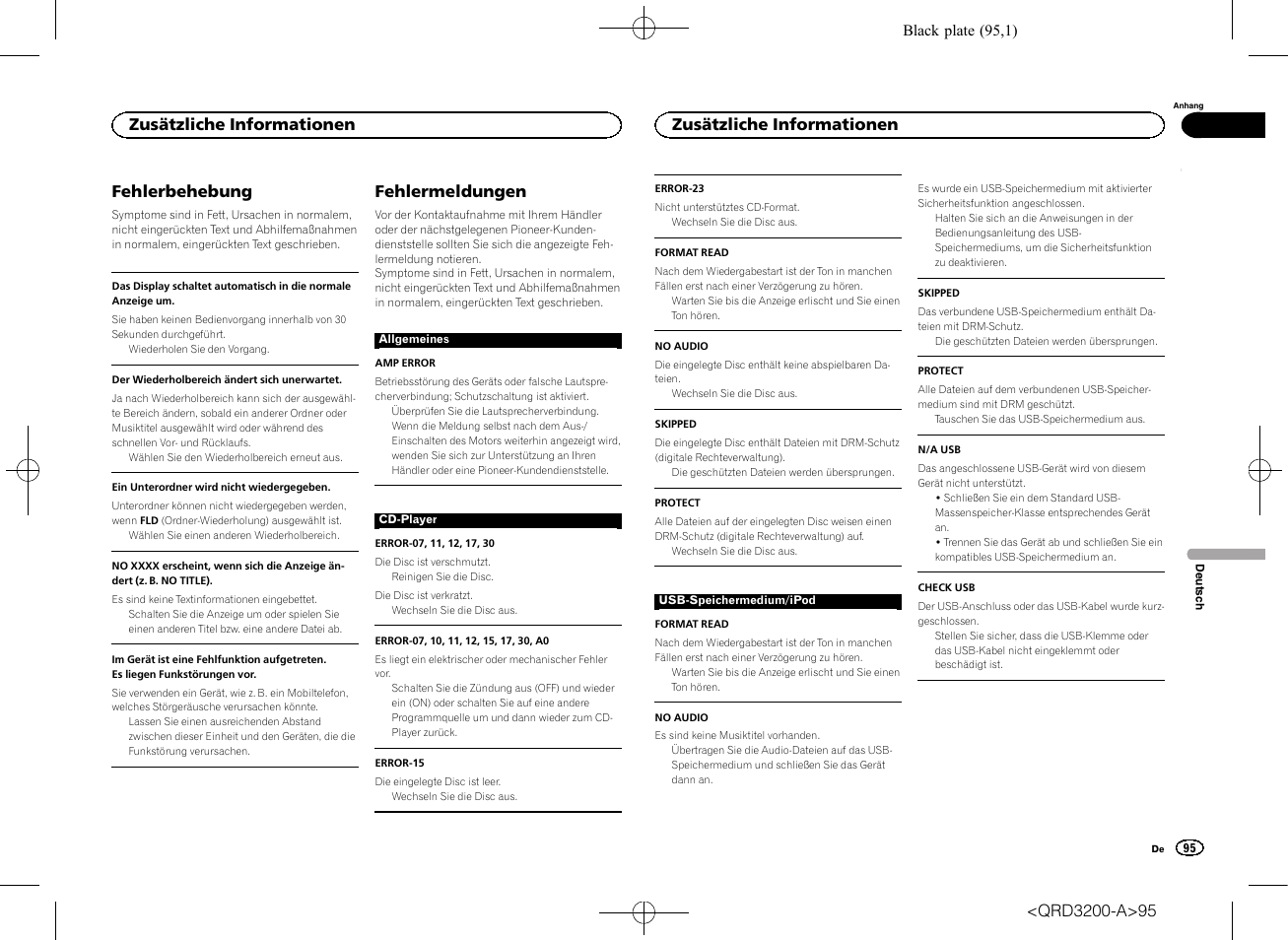 Fehlerbehebung, Fehlermeldungen, Zusätzliche informationen | Pioneer DEH-2600UI User Manual | Page 95 / 148