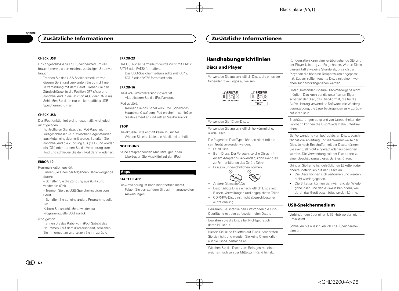 Handhabungsrichtlinien, Zusätzliche informationen | Pioneer DEH-2600UI User Manual | Page 96 / 148