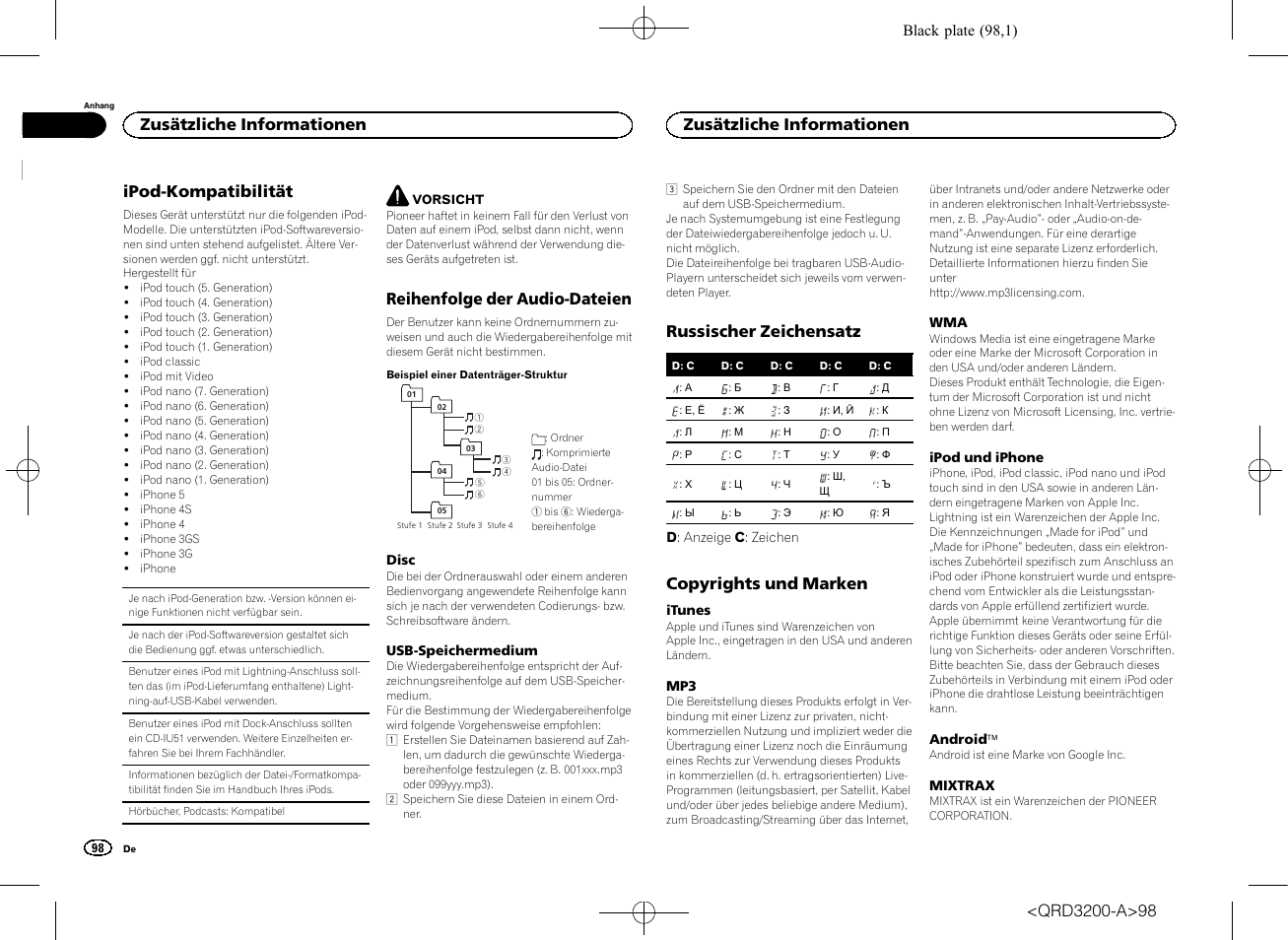 Ipod-kompatibilität, Reihenfolge der audio-dateien, Russischer zeichensatz | Copyrights und marken, Zusätzliche informationen | Pioneer DEH-2600UI User Manual | Page 98 / 148