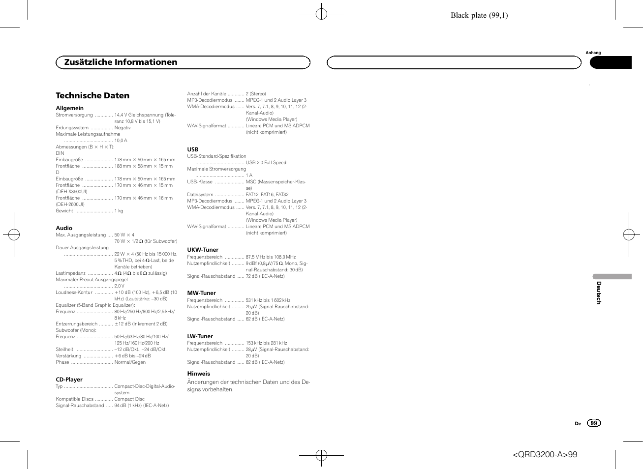 Technische daten, Zusätzliche informationen, Black plate (99,1) | Pioneer DEH-2600UI User Manual | Page 99 / 148