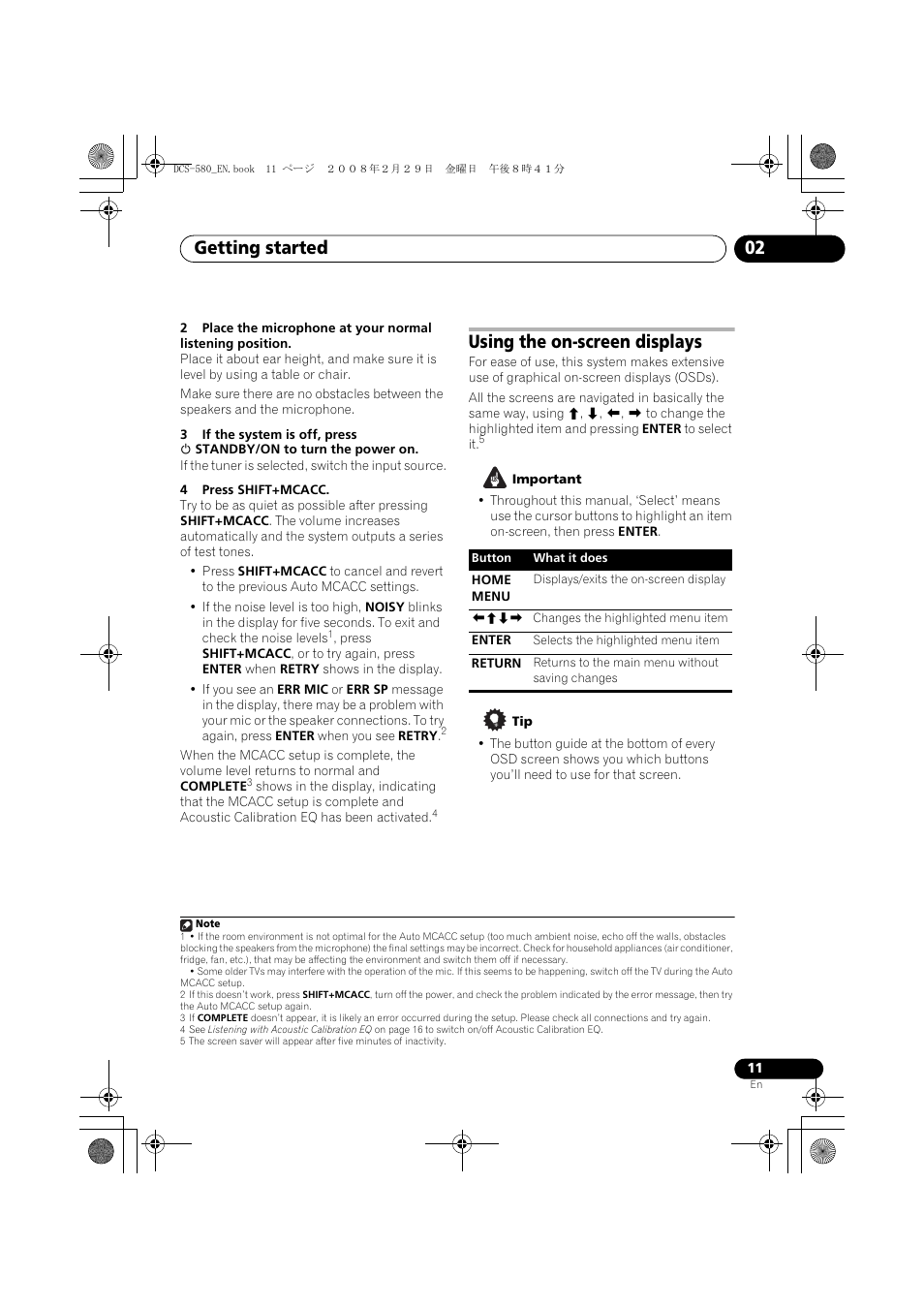 Using the on-screen displays, Getting started 02 | Pioneer DCS-580 User Manual | Page 11 / 54