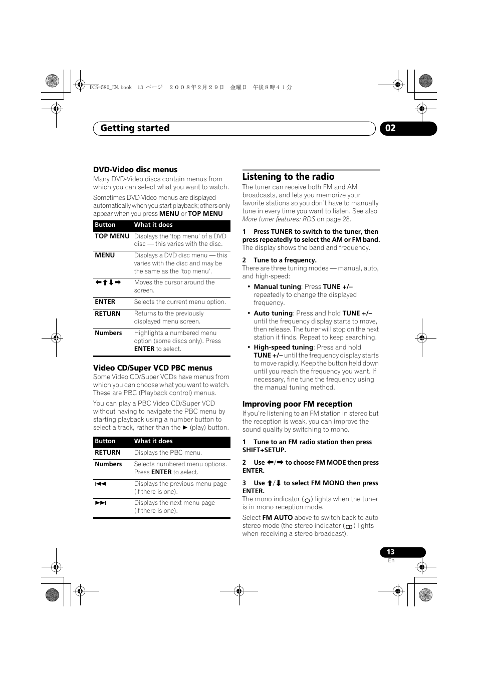 Dvd-video disc menus, Video cd/super vcd pbc menus, Listening to the radio | Improving poor fm reception, Getting started 02 | Pioneer DCS-580 User Manual | Page 13 / 54