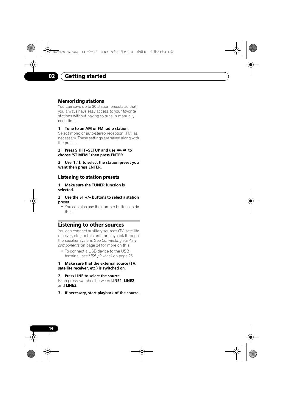 Memorizing stations, Listening to station presets, Listening to other sources | Getting started 02 | Pioneer DCS-580 User Manual | Page 14 / 54