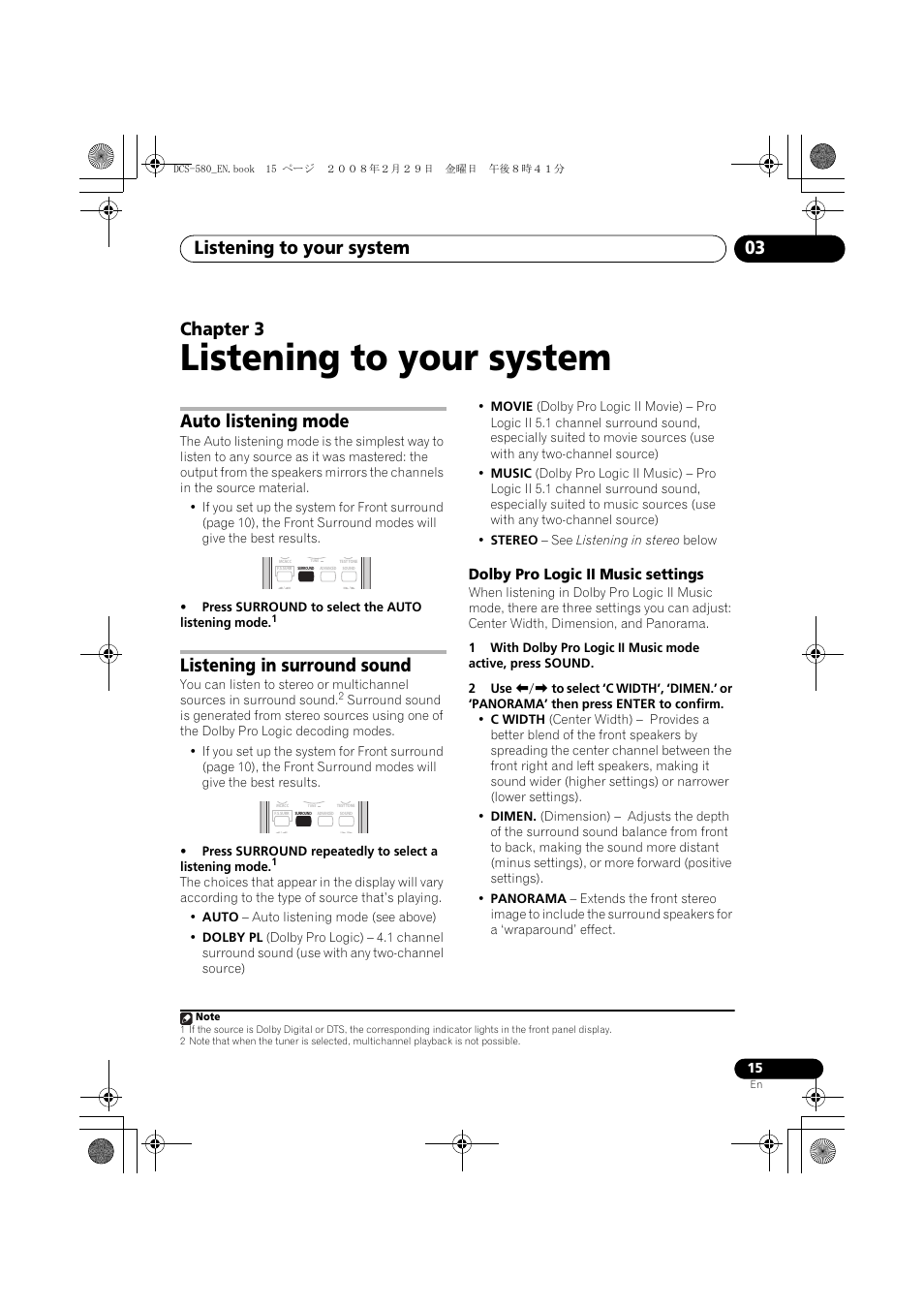 Auto listening mode, Listening in surround sound, Dolby pro logic ii music settings | Listening to your system, Listening to your system 03, Chapter 3 | Pioneer DCS-580 User Manual | Page 15 / 54