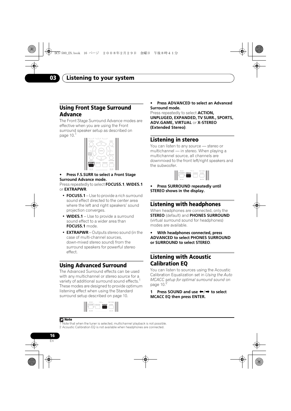 Using front stage surround advance, Using advanced surround, Listening in stereo | Listening with headphones, Listening with acoustic calibration eq, Listening to your system 03 | Pioneer DCS-580 User Manual | Page 16 / 54