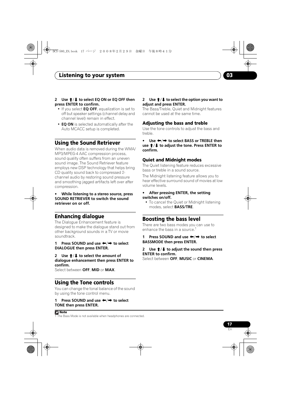 Using the sound retriever, Enhancing dialogue, Using the tone controls | Adjusting the bass and treble, Quiet and midnight modes, Boosting the bass level, Listening to your system 03 | Pioneer DCS-580 User Manual | Page 17 / 54