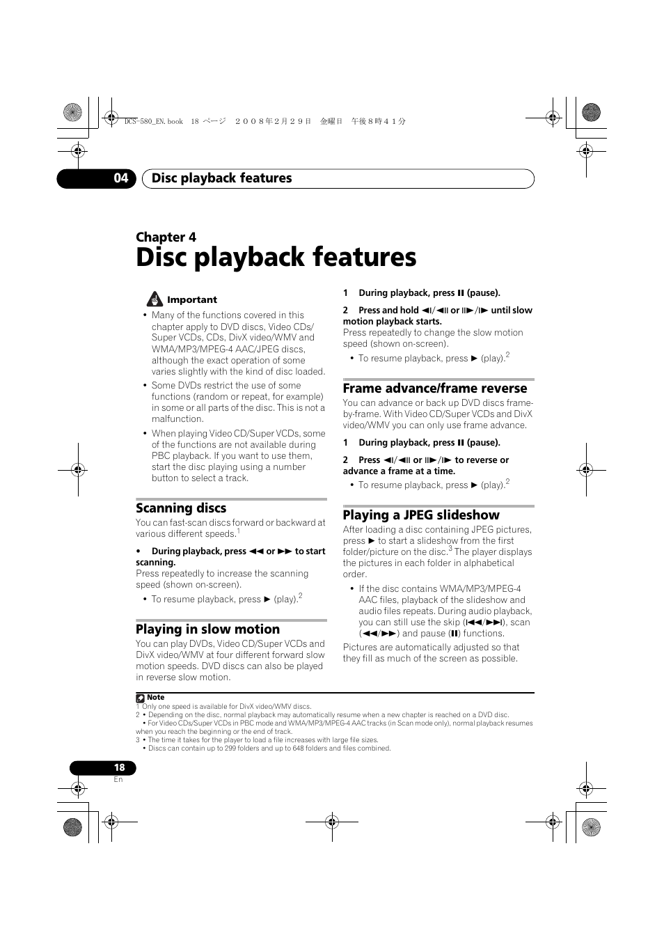 Scanning discs, Playing in slow motion, Frame advance/frame reverse | Playing a jpeg slideshow, Disc playback features, Disc playback features 04, Chapter 4 | Pioneer DCS-580 User Manual | Page 18 / 54