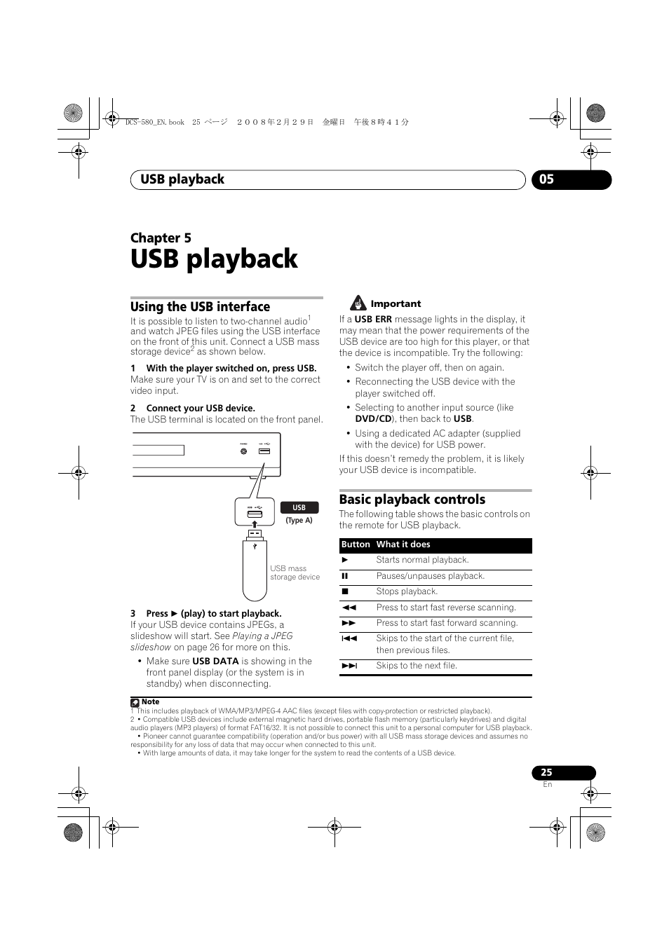 Using the usb interface, Basic playback controls, Usb playback | Usb playback 05, Chapter 5 | Pioneer DCS-580 User Manual | Page 25 / 54