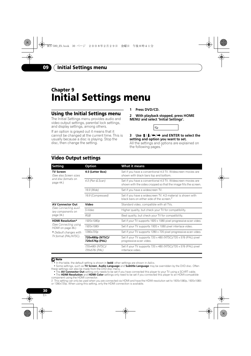 Using the initial settings menu, Video output settings, Initial settings menu | Initial settings menu 09, Chapter 9 | Pioneer DCS-580 User Manual | Page 30 / 54