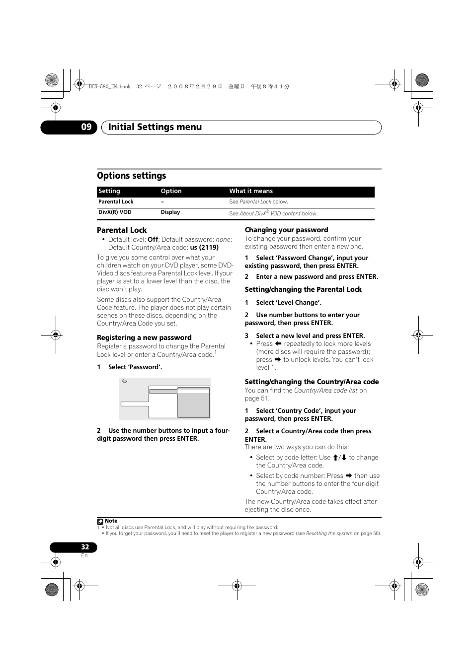 Options settings, Parental lock, Initial settings menu 09 | Pioneer DCS-580 User Manual | Page 32 / 54