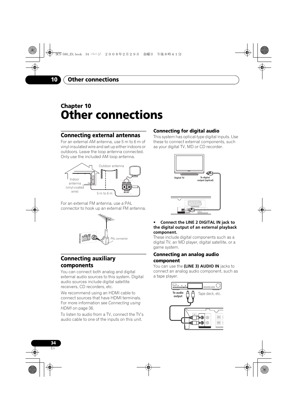 Connecting external antennas, Connecting auxiliary components, Connecting for digital audio | Connecting an analog audio component, Other connections, Other connections 10, Chapter 10 | Pioneer DCS-580 User Manual | Page 34 / 54