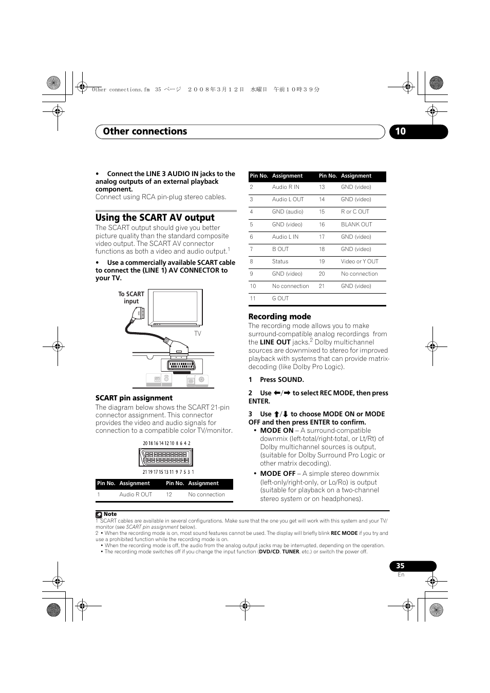 Using the scart av output, Recording mode, Other connections 10 | Pioneer DCS-580 User Manual | Page 35 / 54