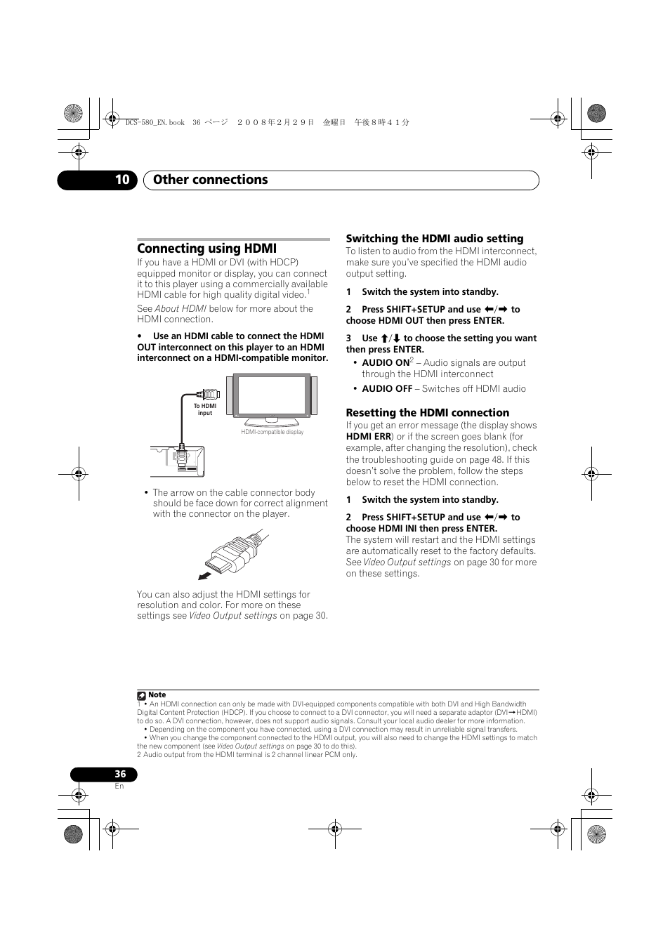 Connecting using hdmi, Switching the hdmi audio setting, Resetting the hdmi connection | Other connections 10 | Pioneer DCS-580 User Manual | Page 36 / 54