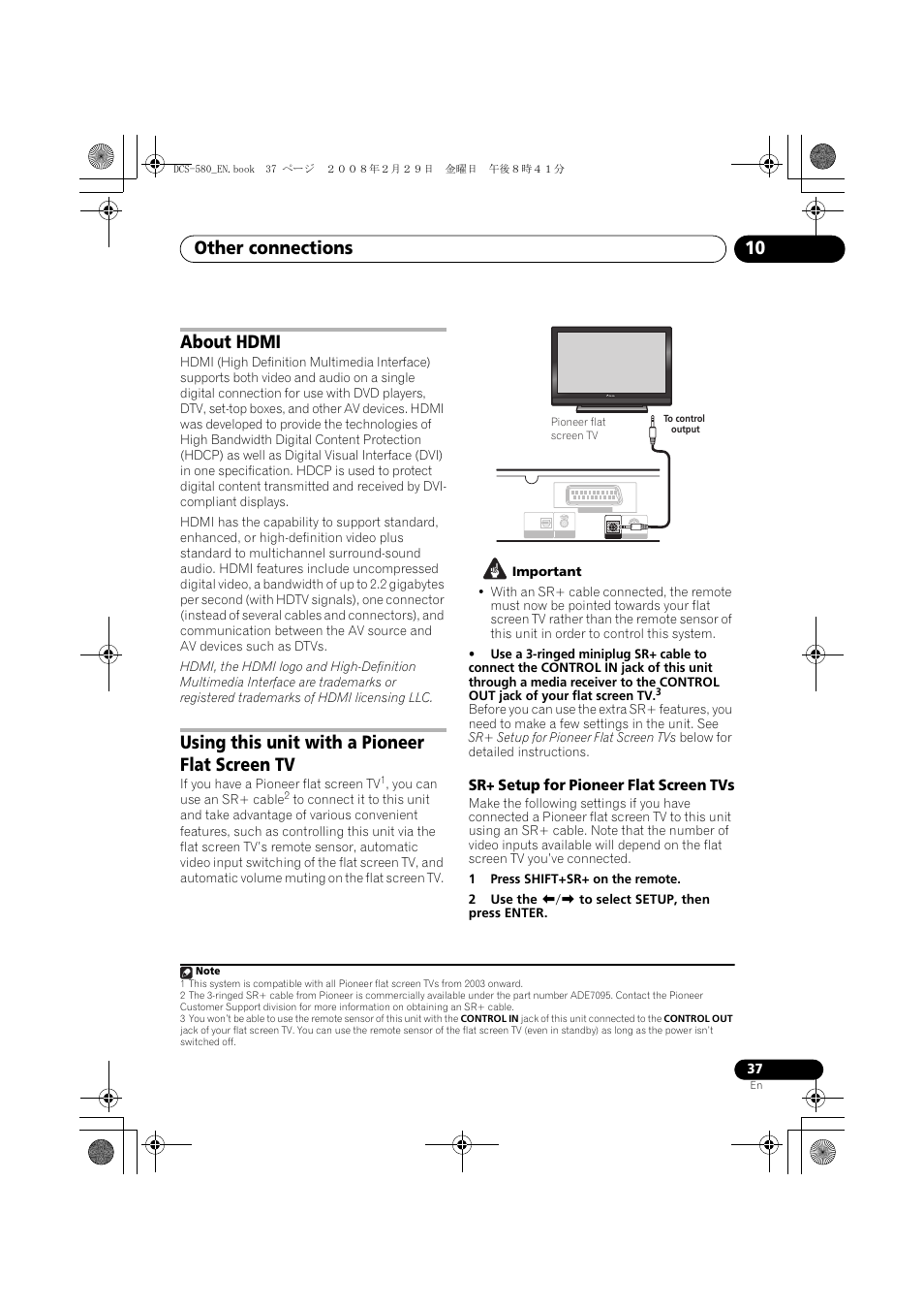 About hdmi, Using this unit with a pioneer flat screen tv, Sr+ setup for pioneer flat screen tvs | Other connections 10 | Pioneer DCS-580 User Manual | Page 37 / 54