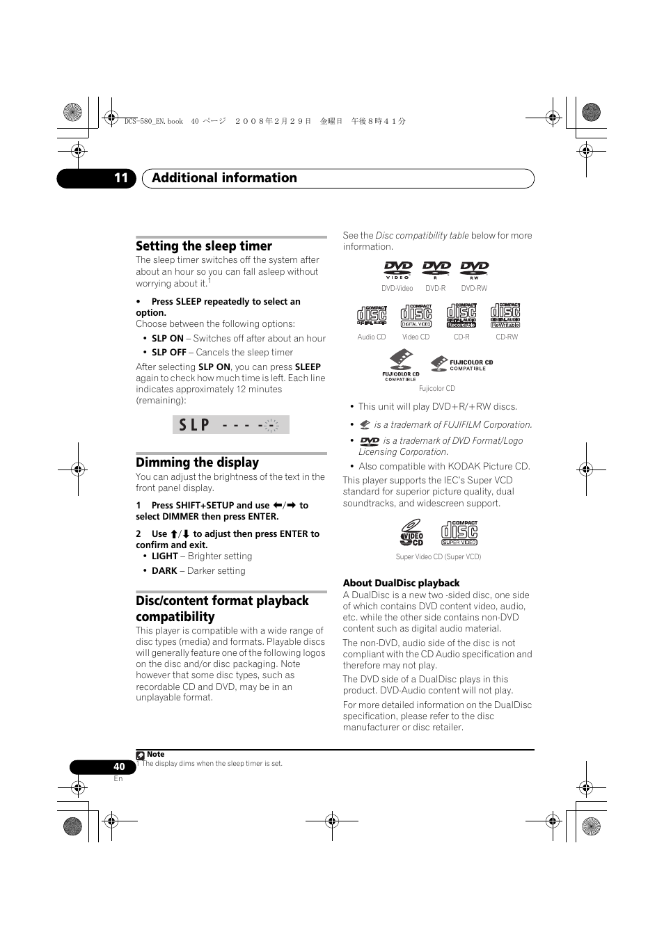 Setting the sleep timer, Dimming the display, Disc/content format playback compatibility | S l p, Additional information 11 | Pioneer DCS-580 User Manual | Page 40 / 54