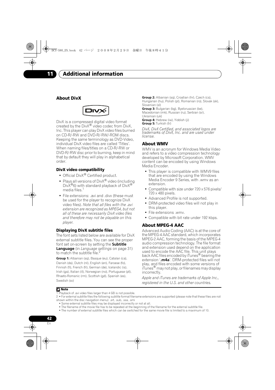 About divx, About wmv, About mpeg-4 aac | Additional information 11 | Pioneer DCS-580 User Manual | Page 42 / 54