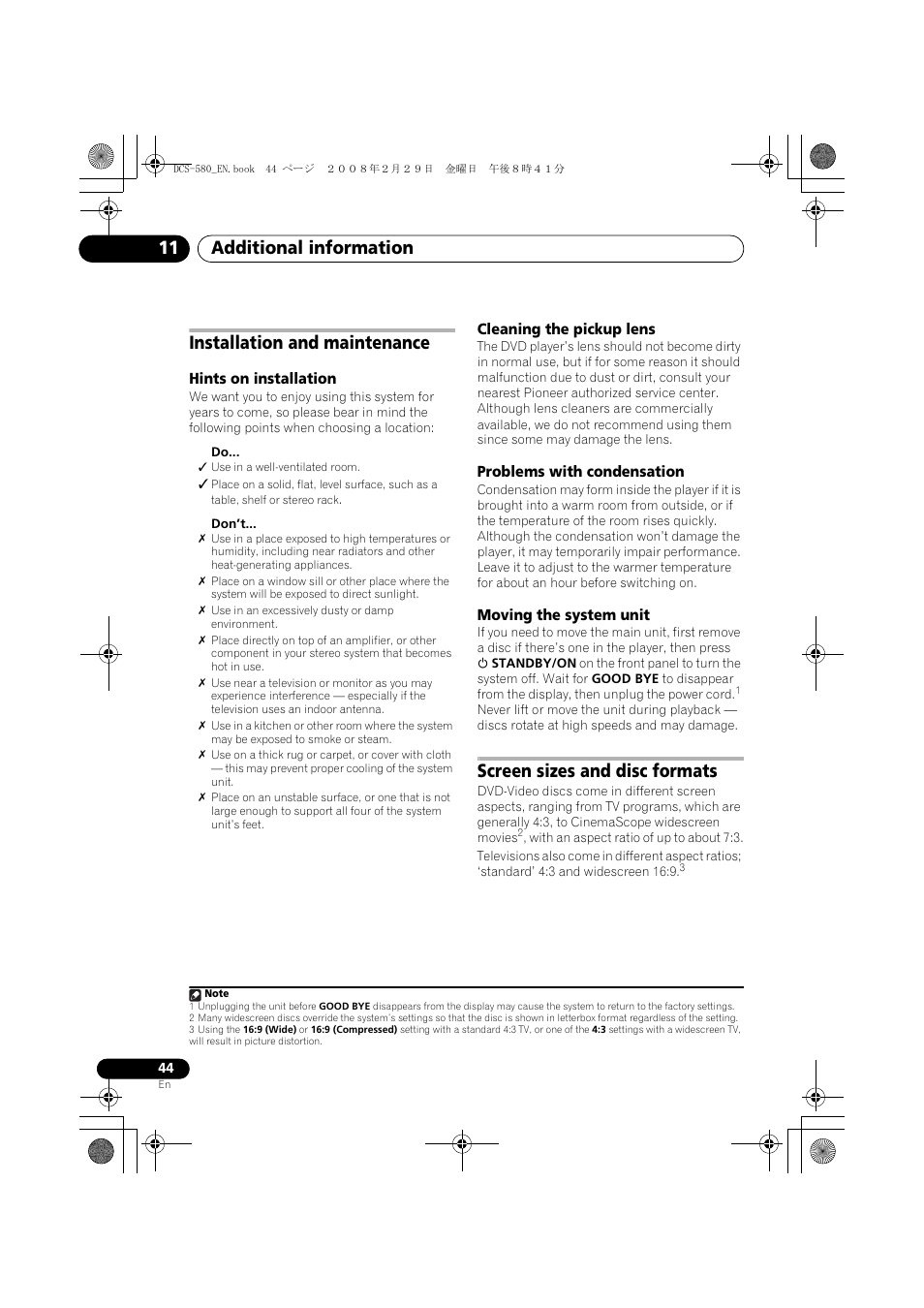 Installation and maintenance, Hints on installation, Cleaning the pickup lens | Problems with condensation, Moving the system unit, Screen sizes and disc formats, Additional information 11 | Pioneer DCS-580 User Manual | Page 44 / 54