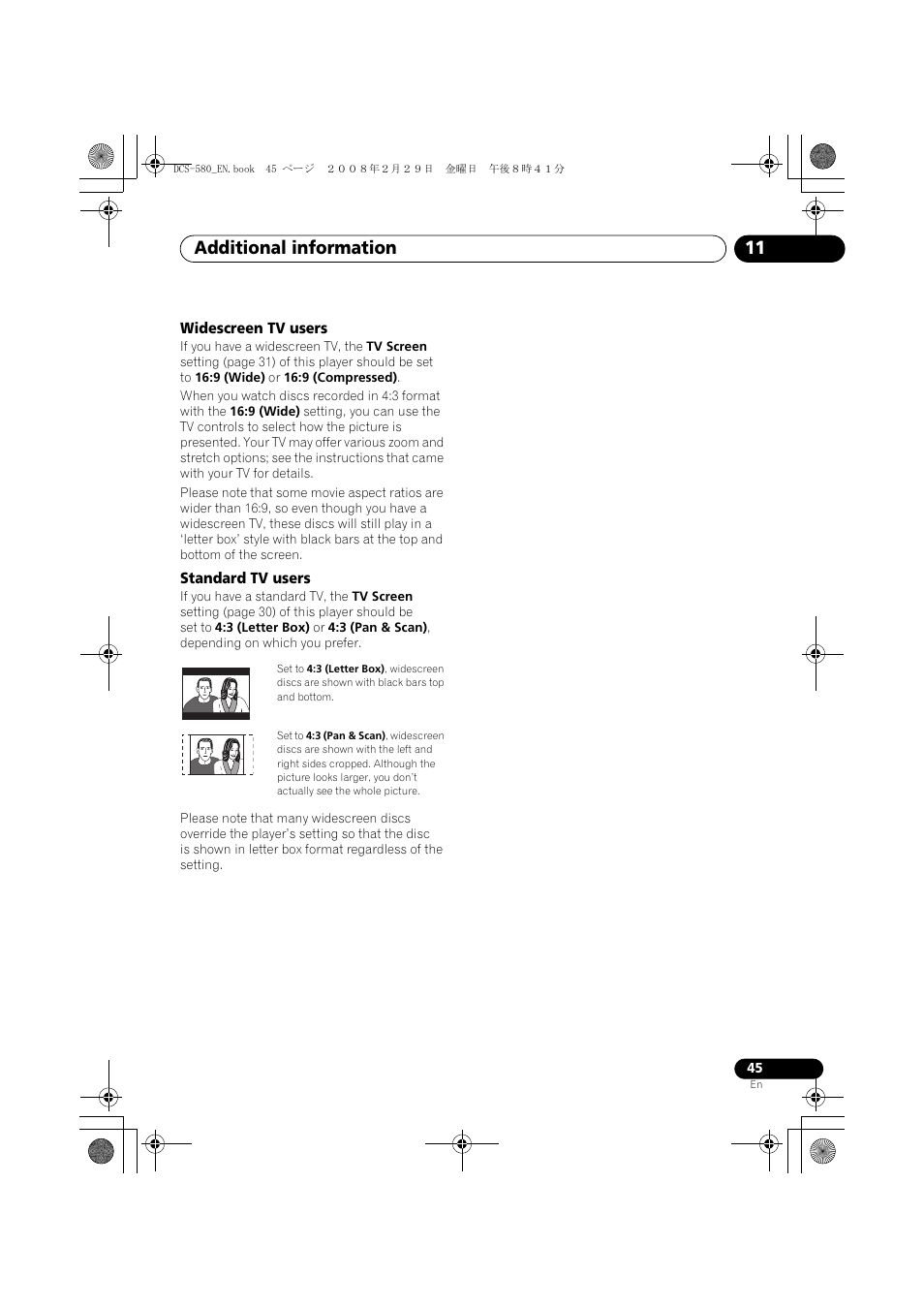 Widescreen tv users, Standard tv users, Additional information 11 | Pioneer DCS-580 User Manual | Page 45 / 54