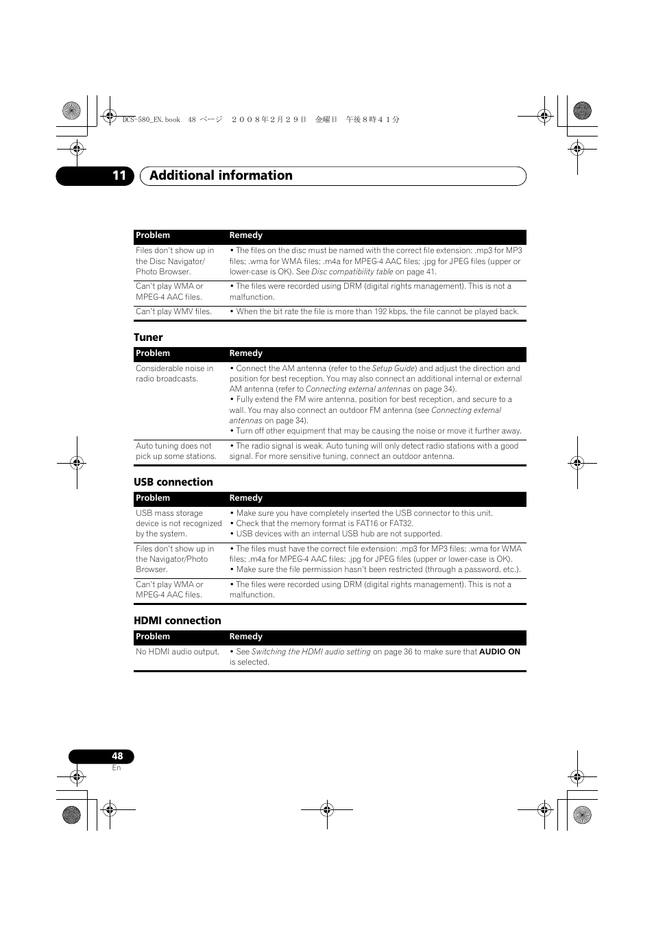 Tuner, Usb connection, Hdmi connection | Additional information 11 | Pioneer DCS-580 User Manual | Page 48 / 54