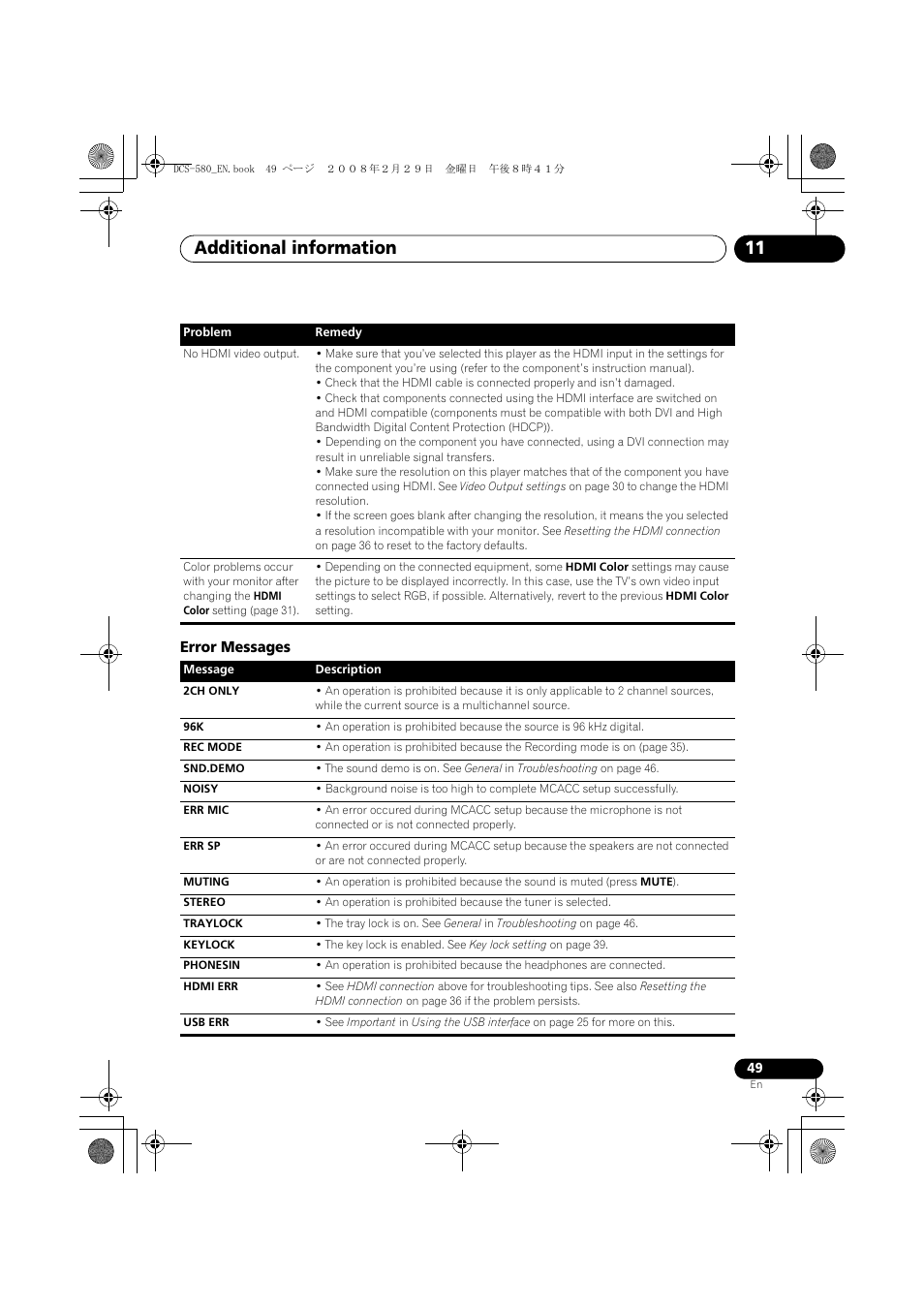 Error messages, Additional information 11 | Pioneer DCS-580 User Manual | Page 49 / 54