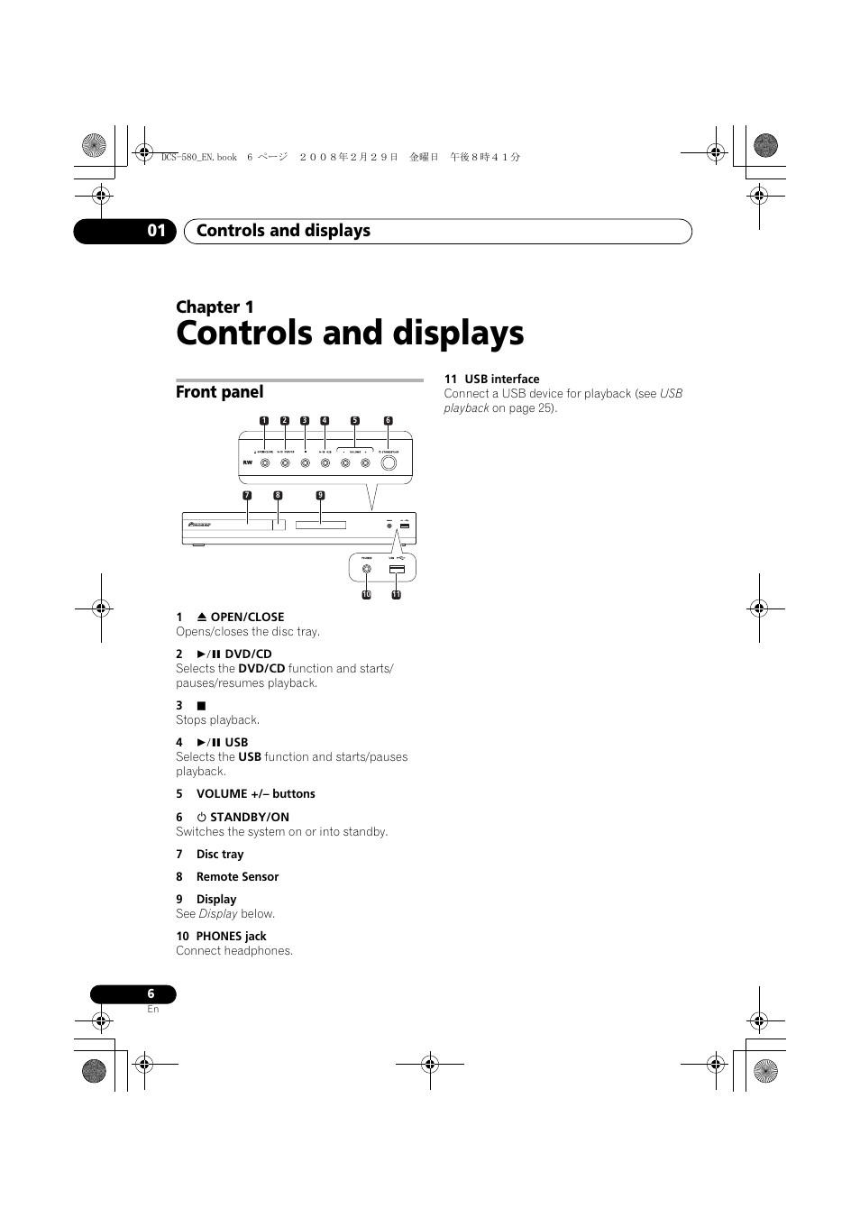Front panel, Controls and displays, Controls and displays 01 | Chapter 1 | Pioneer DCS-580 User Manual | Page 6 / 54