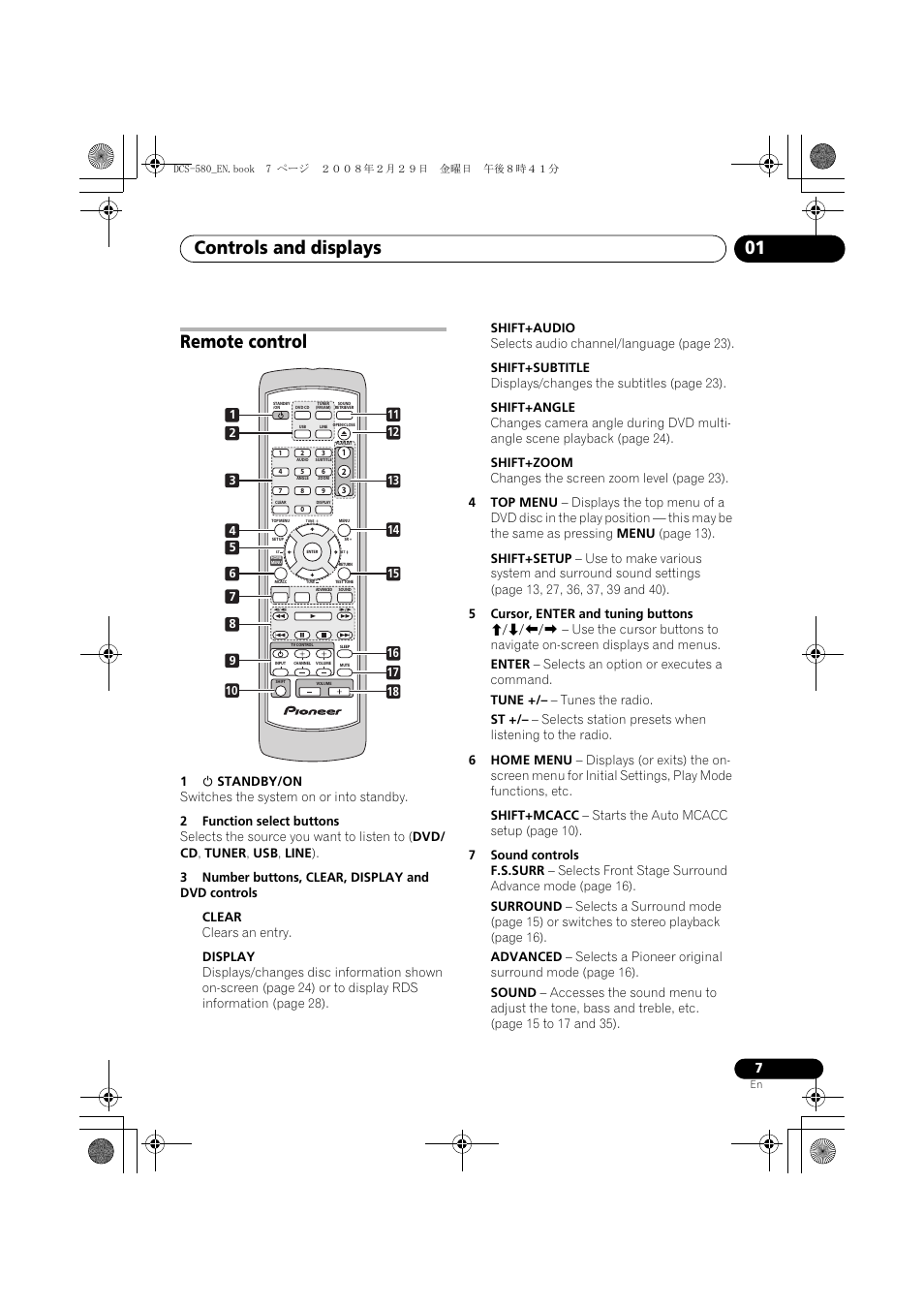 Remote control, Controls and displays 01 | Pioneer DCS-580 User Manual | Page 7 / 54