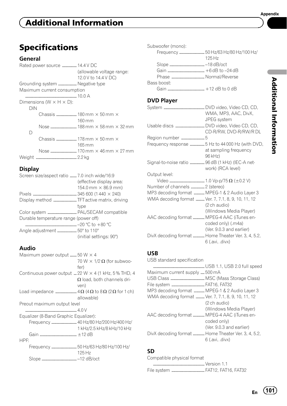 Specifications, Additional information | Pioneer AVH-P6300BT User Manual | Page 101 / 104