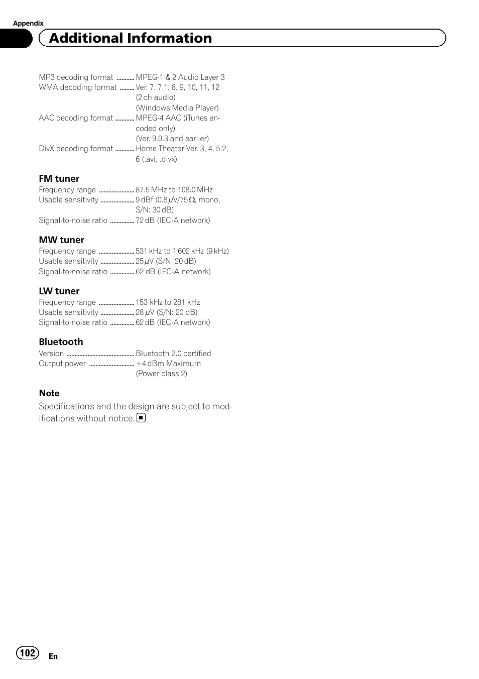 Additional information | Pioneer AVH-P6300BT User Manual | Page 102 / 104