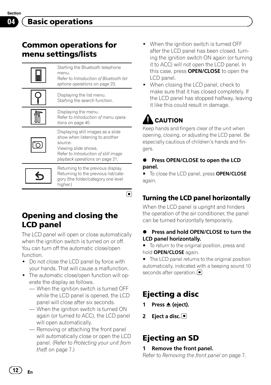 Common operations for menu settings, Lists, Opening and closing the lcd panel | Ejecting a disc, Ejecting an sd, Common operations for menu settings/lists, 04 basic operations, Turning the lcd panel horizontally | Pioneer AVH-P6300BT User Manual | Page 12 / 104