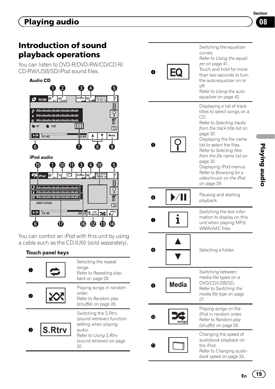 Playing audio introduction of sound playback, Operations, Introduction of sound playback operations | Playing audio | Pioneer AVH-P6300BT User Manual | Page 19 / 104