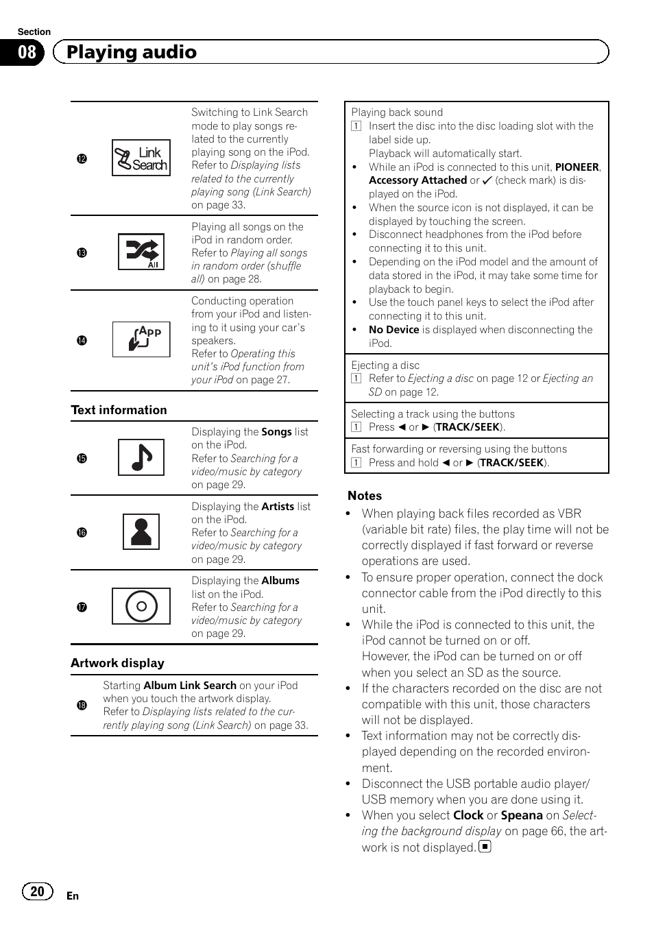 08 playing audio | Pioneer AVH-P6300BT User Manual | Page 20 / 104