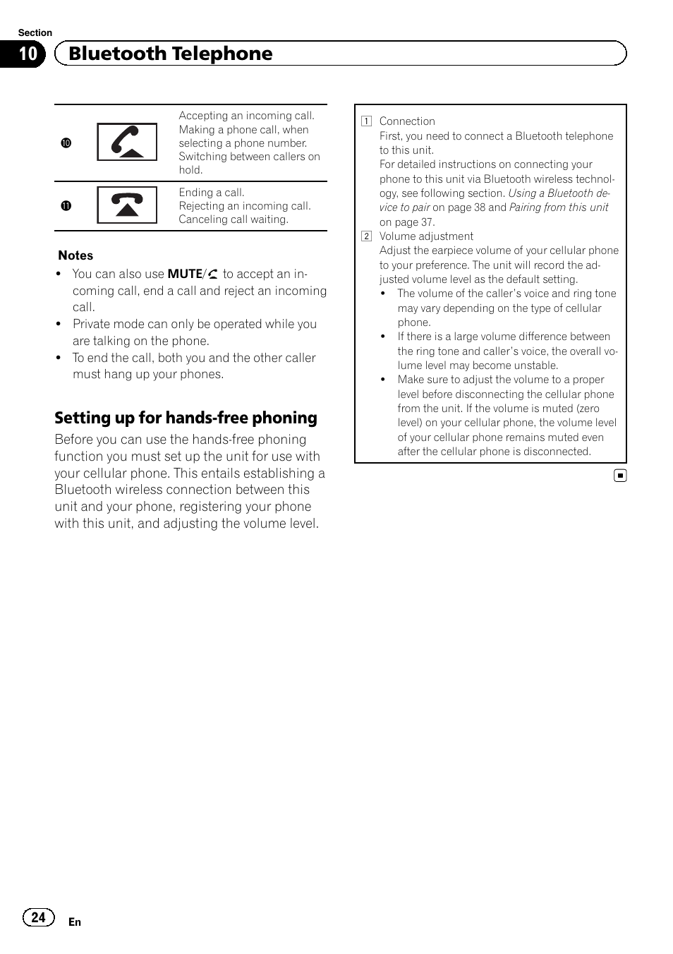 10 bluetooth telephone, Setting up for hands-free phoning | Pioneer AVH-P6300BT User Manual | Page 24 / 104