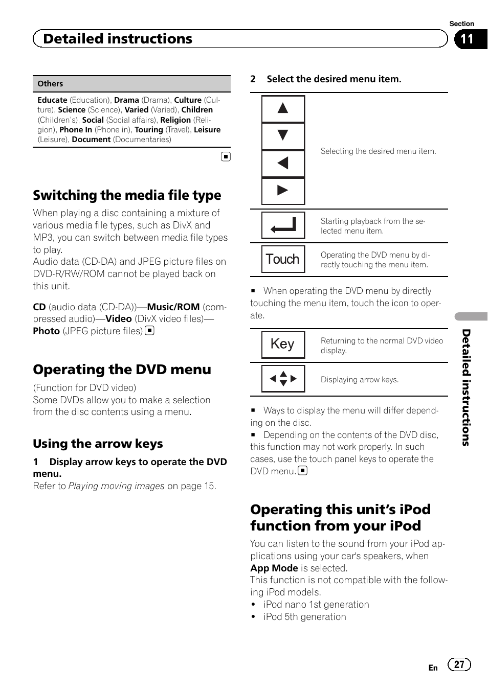 Switching the media file type, Operating the dvd menu, Operating this unit | S ipod function from your, Ipod, S ipod function from, Detailed instructions, Using the arrow keys | Pioneer AVH-P6300BT User Manual | Page 27 / 104