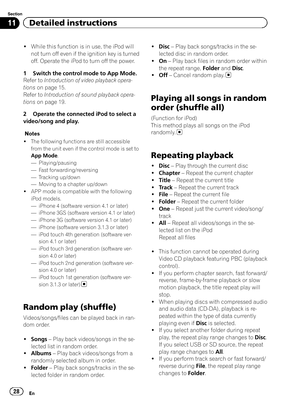 Random play (shuffle), Playing all songs in random order (shuffle, All) | Repeating playback, Playing all songs in random order (shuffle all), 11 detailed instructions | Pioneer AVH-P6300BT User Manual | Page 28 / 104