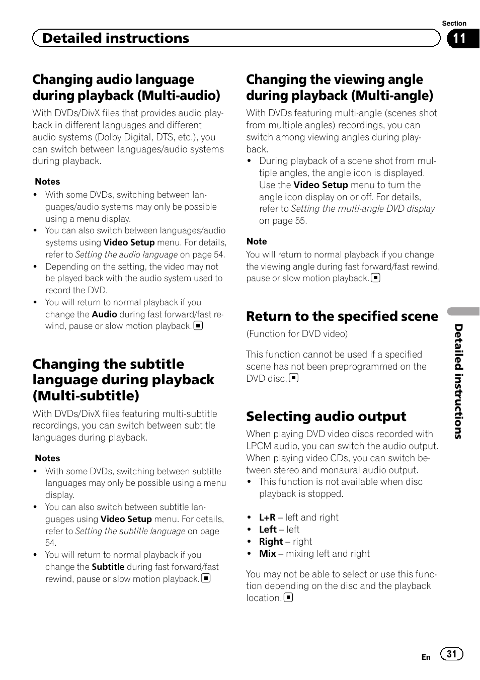 Changing audio language during playback, Multi-audio), Changing the subtitle language during | Playback (multi-subtitle), Changing the viewing angle during playback, Multi-angle), Return to the specified scene, Selecting audio output, Detailed instructions | Pioneer AVH-P6300BT User Manual | Page 31 / 104